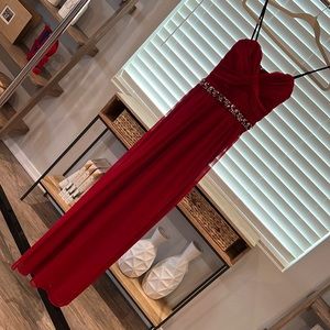 Red floor length formal dress by Way-In Clothing Co.